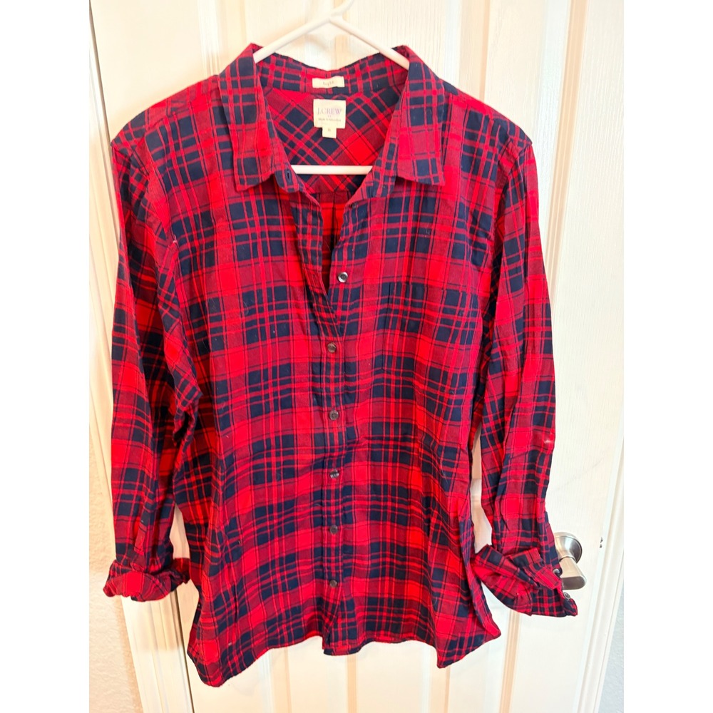 J.Crew Button Down Red Plaid Boy Fit Cotton Flannel Shirt F7289 XL
